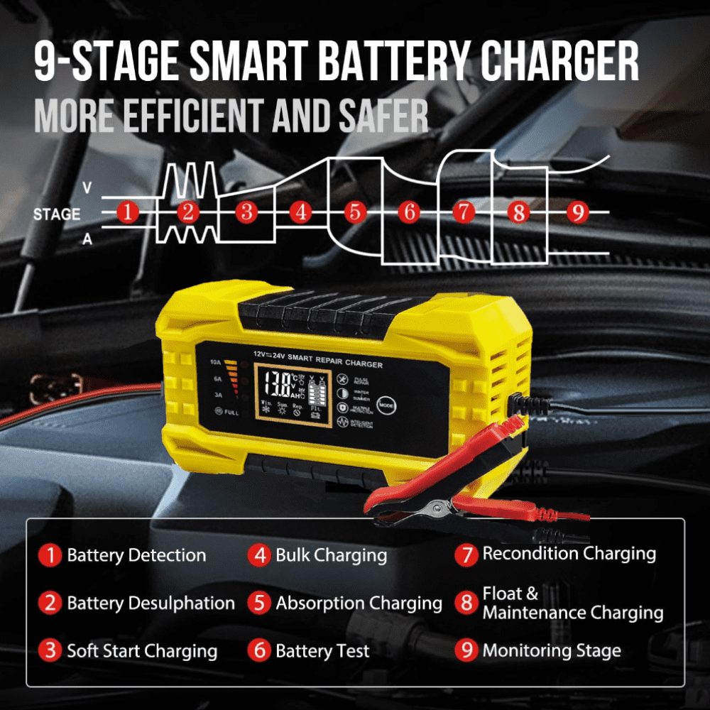 Cardivek 12V10A 24V5A Car And Motorcycle Battery Charger Color Screen Digital Display Lead-Acid Battery Start-Stop Repair Activation Charger Lithium Battery Universal