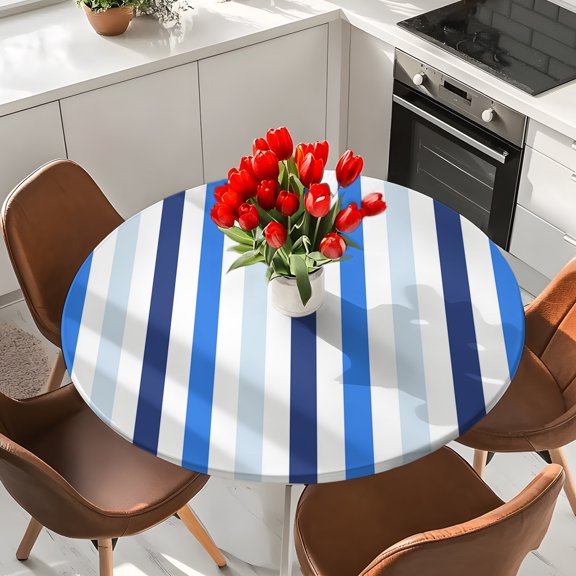 Blue Stripes Elastic Fitted Round Tablecloth Nautical Ocean Waterproof Outdoor Table Cover for Holiday Party, Picnic, Patio & Dining Fits Tables Up to 36"-44"