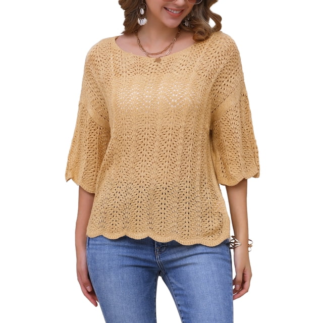 INSPIRAR CHIC Blusas de Verano de Manga Corta con Cuello Redondo y Diseño Calado para Mujeres M Caqui