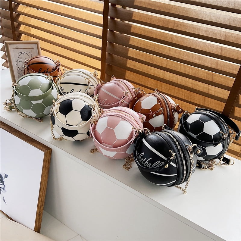 Novelty Sports Ball Shaped PU Crossbody Bag for Women, Personality Soccer & Basketball Design, Round Mini Bag, Zipper Closure, Chain Strap, Trendy Handbag for Casual Travel (6.3"x6.3"x6.7", 0.55lb)