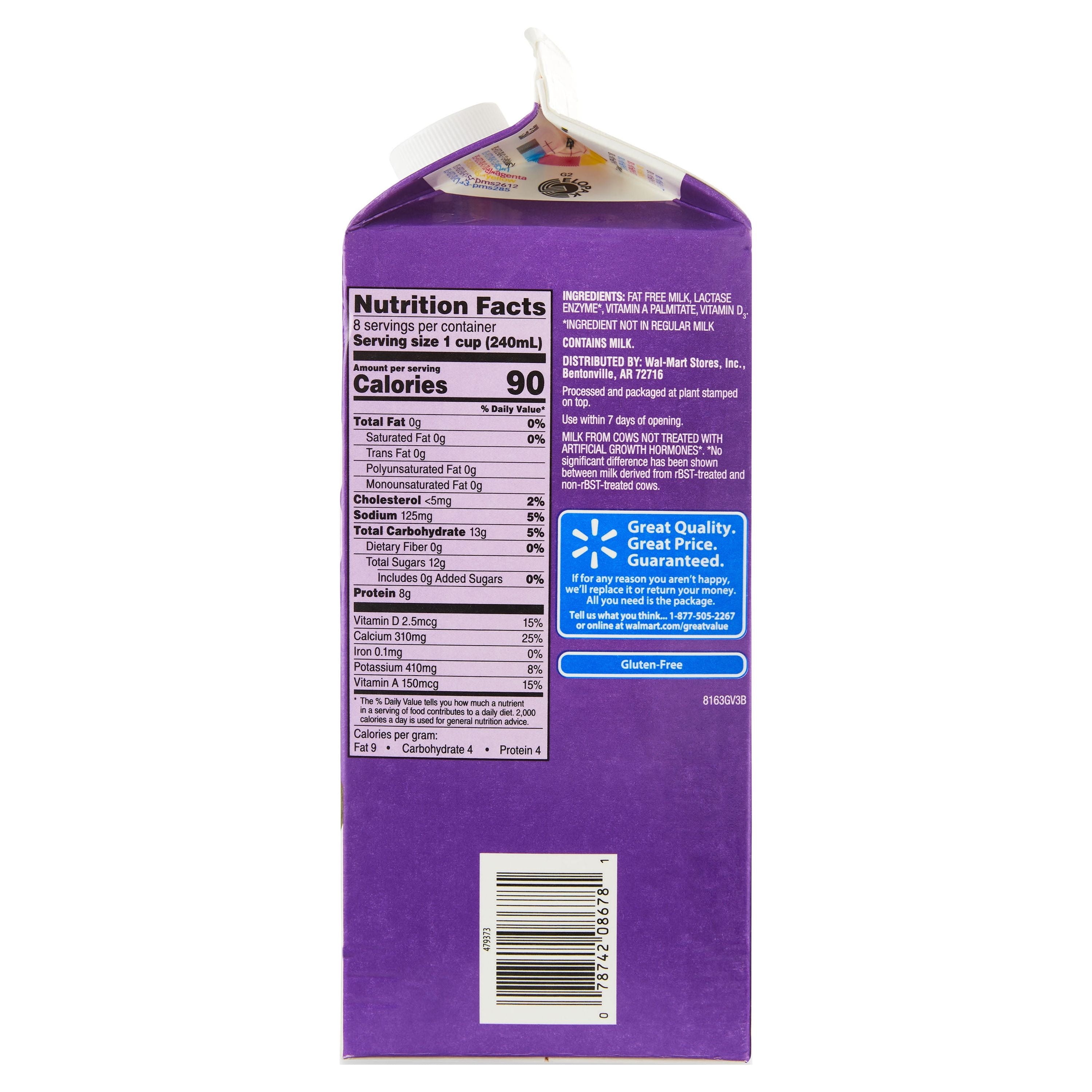 Great Value Lactose Free Skim Fat-Free Milk, Half Gallon, 64 fl oz
