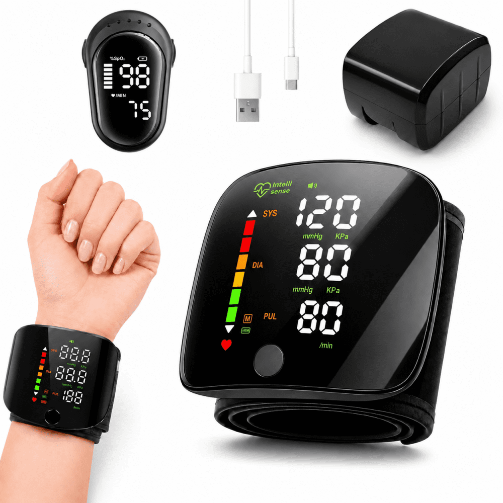 (With Oximeter)Rechargeable Wrist Blood Pressure Monitor for Home Use, Digital BP Machine with LED Backlit Display, Voice Broadcast, 240 Memory Storage, Built-In Heart Rate Detection &Storage Case