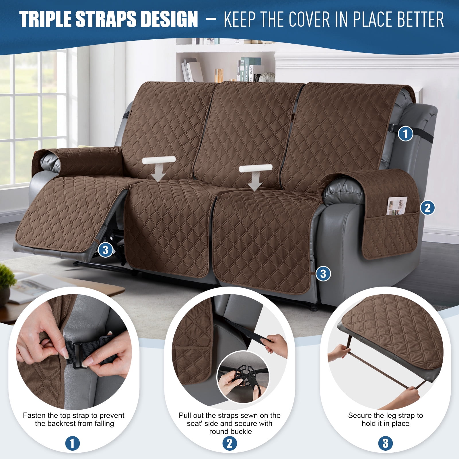 Timeles Waterproof Recliner Sofa Covers, Recliner Couch Covers with Leg Straps, Reversible Recliner Covers for 3 Seat Reclining Chair, Washable Sofa Protector for Pets Kids (Brown)