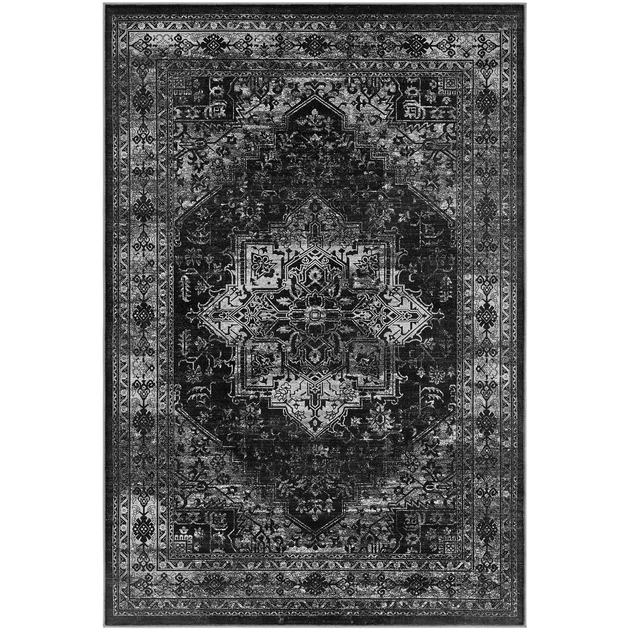UERMEI 9x12 Washable Area Rugs for Living Room, Modern Vintage Printed Rug, Vacuum-Friendly, Non Slip Indoor Rug for Bedroom Dining Room Home Decor Carpet, Black