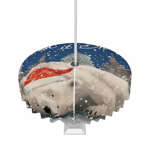 Fsddascl Vintage Blue Christmas Outdoor Tablecloth - 60 Inch Round Dining Table Cover, Xmas Bear Tree Snowflake Waterproof Outdoor Table Cloth with Umbrella Hole & Zipper for Picnic/Patio/Party