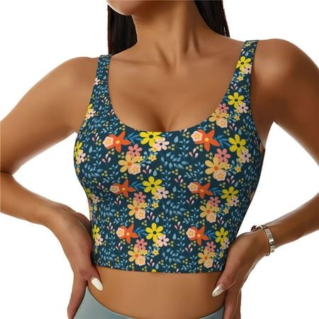 Jgfou Blue Floral Print Womens Sports Bra - Padded Workout Sports Bras Crop Tank Top