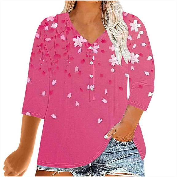 CYMMPU Spring Tops V Neck Tunic Tops 3/4 Sleeve Summer Trendy Shirts Floral Pattern Loose Fit Blouses for Women Dressy Casual Plus Size T-Shirt XXL