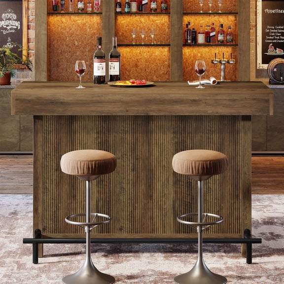 Finmind Industrial Bar Table with 2-Tier Storage, 57.48-Inch Counter Height Pub Table,  Rectangular Home Bar Unit with Metal Footrest for Home Kitchen, Rustic Brown