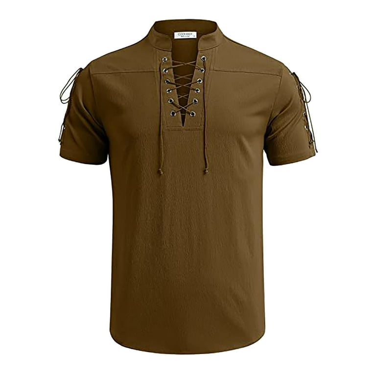 brown men's polo shirts men's v neck vintage lace up tie short sleeve gothic t shirt