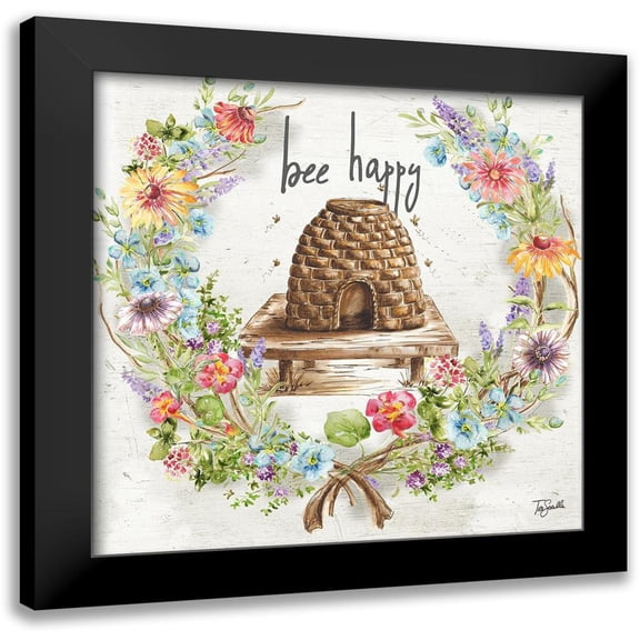 Tre Sorelle Studios 12x12 Black Modern Framed Museum Art Print Titled - Honey Bee and Herb Blossom Wreath II