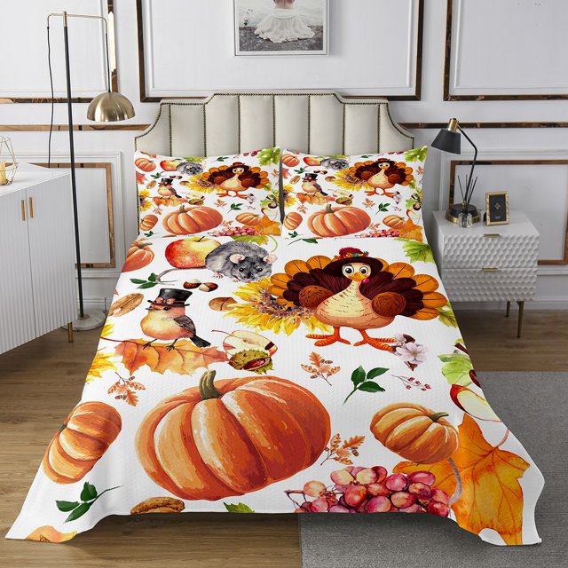 Erosebridal Ensemble de Couvre-Lits Citrouille Dessin Animé Taille Grand, Courtepointe Dinde, Décoration de Récolte d'Automne, 3 Pcs