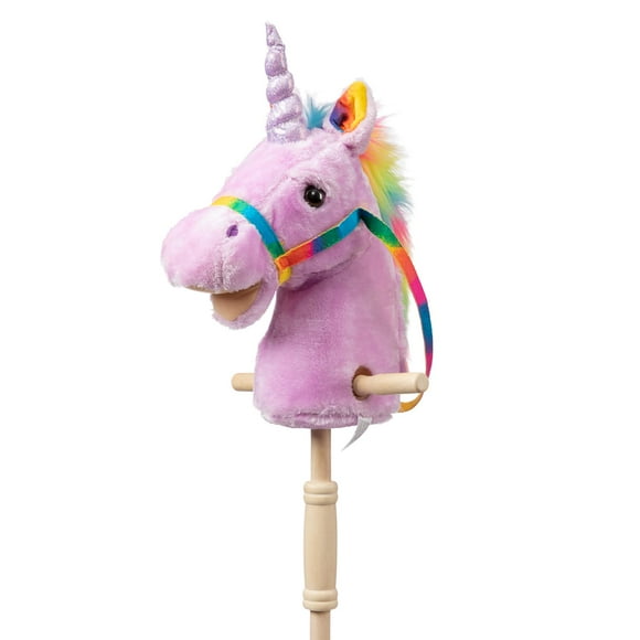 HollyHOME Unicorn Stick Horse Handcrafted Hobby Horse on a Stick with Wood Wheels Real Pony Neighing and Galloping Sounds Plush Unicorn Toy Purple 36 Inches(AA Batteries