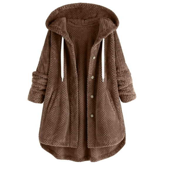 FNFYFH Women Plus Size Fleece Jacket Winter Long Sleeve Button Down Hoodies Soft Warm Drawstring Jacket Casual Outerwear with Pockets