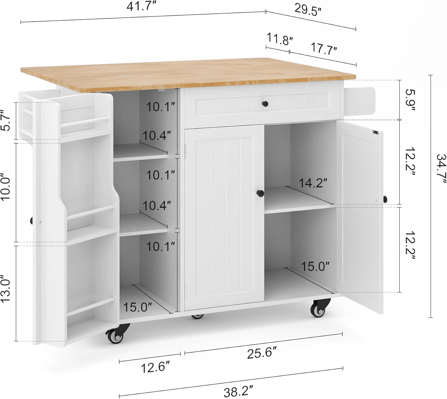 Noelse Rolling Kitchen Island Table with Storage, Drop Leaf Countertop, Kitchen Island with Wheels, Spice Rack & Towel Bar, White