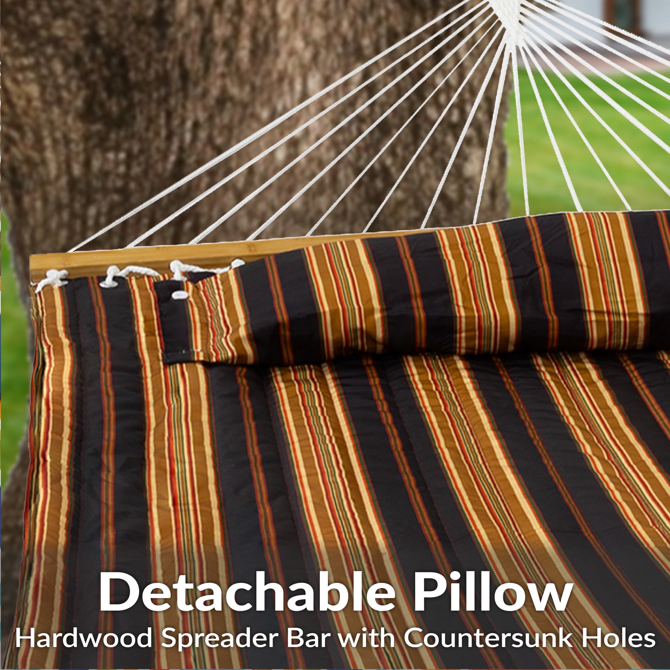 Sunnydaze 2-Person Quilted Polyester Spreader Bar Hammock, 450 lb Capacity - Woodland Stripe