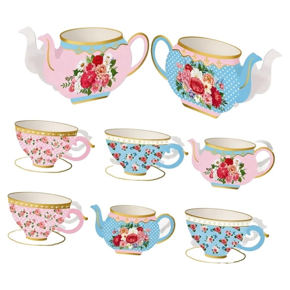 Necvior 8 Piece Tea Party Table Display with Paper Tea Pot and Cup Cutouts