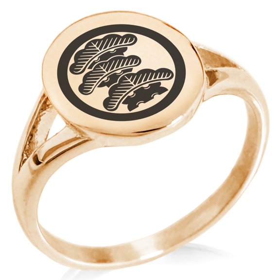 Stainless Steel Three-Tiered Pine Kamon Crest Minimalist Oval Top Polished Statement Signet Ring