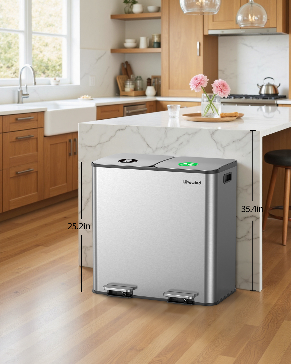 Dual Compartment Kitchen Trash Can, 2 x 10.5 Gallon Stainless Steel Garbage & Recycling Bin Combo for Kitchen, Soft Close Lids, Odor Proof, Hands Free