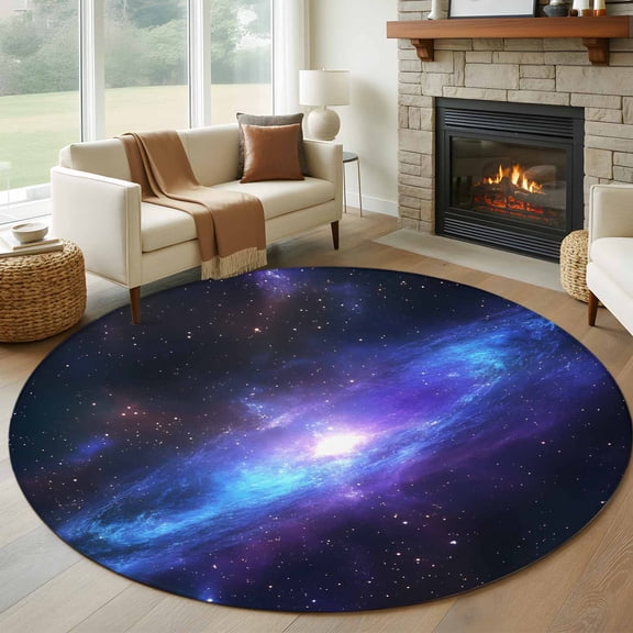 Round Area Rug 5ft, Cosmic Blue Purple Non-Slip Non-Shedding Floor Mat, Galaxy Background Washable Sturdy Carpet for Living Room Bedroom Home Decor