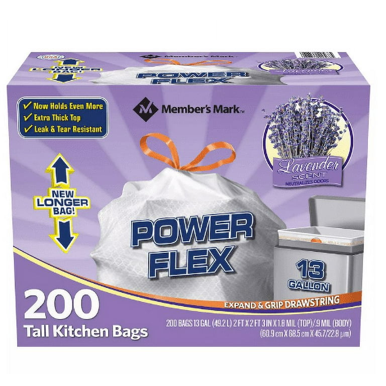 Member's Mark Power Flex Tall Kitchen Drawstring Trash Bags, Lavender (13  gal., 200 ct.)