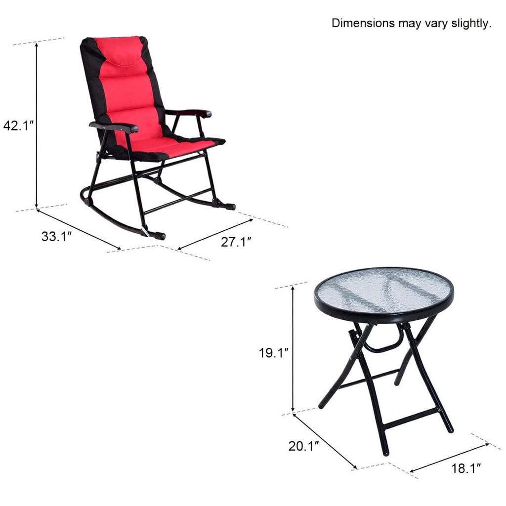 Hommoo 3-Piece Outdoor Folding Rocking Chair & Table Set with Cushions, Steel Frame, Tempered Glass Table, Portable Patio Furniture for Deck, Backyard, Camping, Red