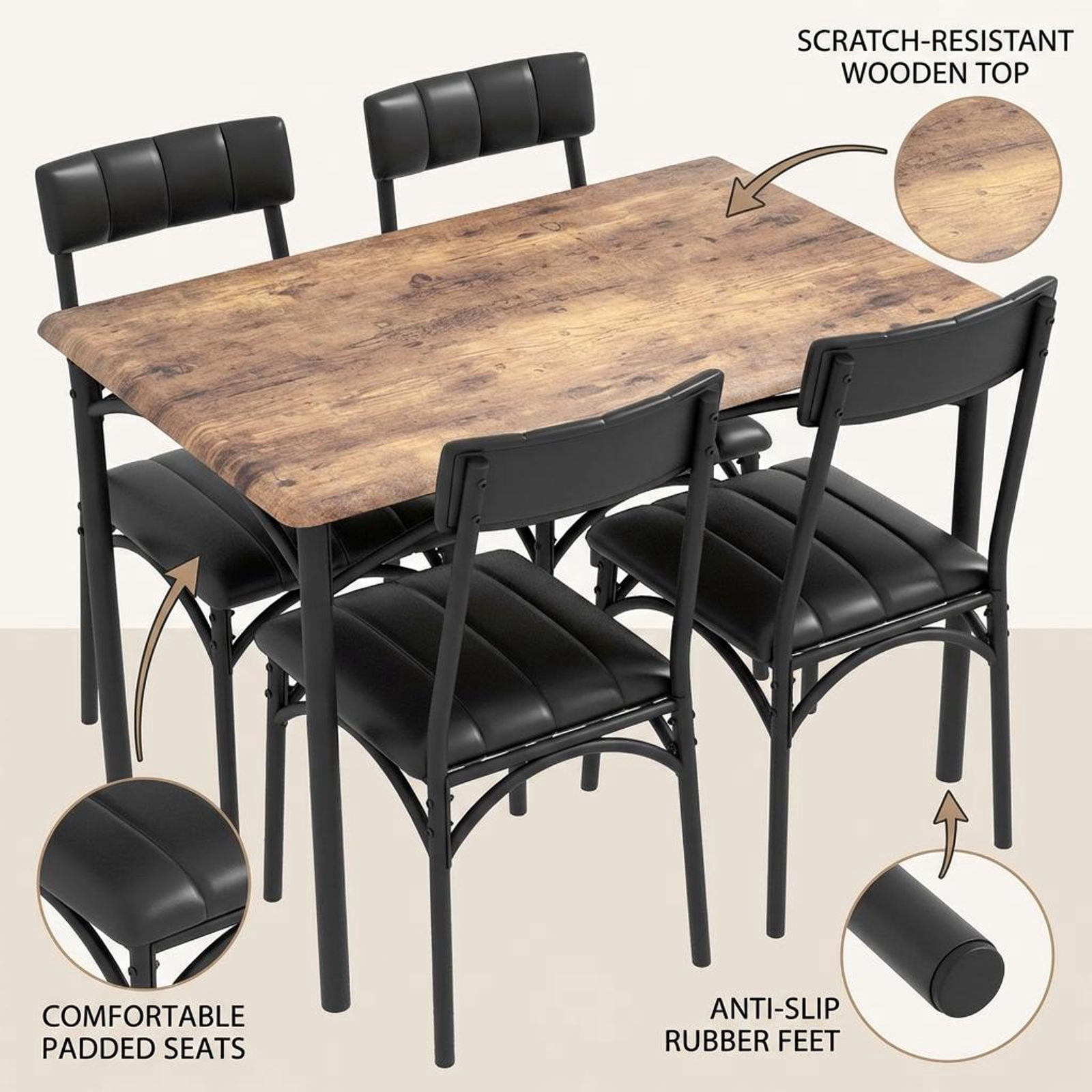 Wpond 5-Piece Dining Table Set, Rustic Brown Steel Frame with 4 Cushioned Chairs, Kitchen