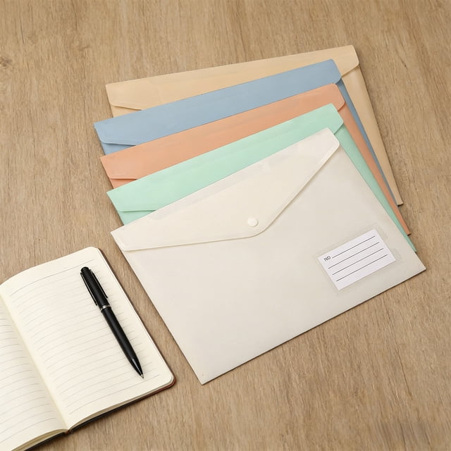 Tyidzon 5Pcs Plastic Envelopes with Snap Closure, A4 Loose Leaf File Folder for Documents School and Office Supplies, Transparent Colored Label File Storage Bag