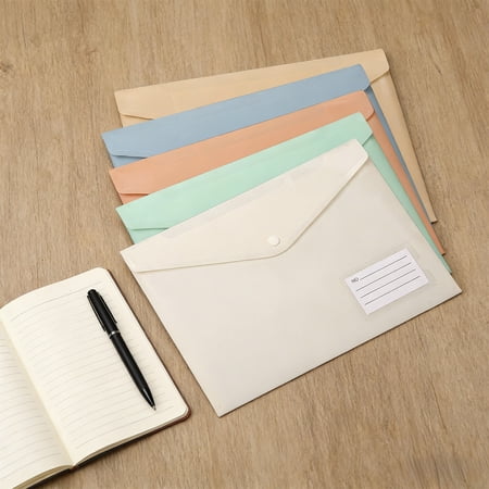 5Pcs A4 Plastic Document File Storage Pouch 12.7×9.3in Loose Leaf Binder Folder with Snap Button Colored Label Transparent Organizer Bags for office Lightweight Durable Portable Storage