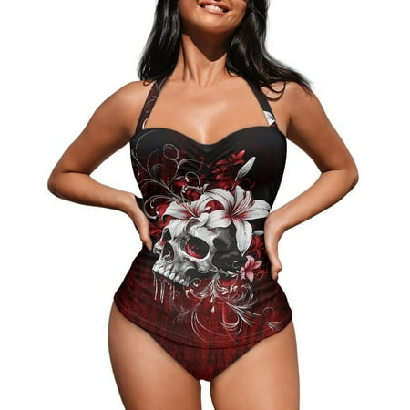 FKELYI Lily Floral Skull Print Swimsuit for Women Bikini Set Summer Bathing Suit with Soft Pads Tummy Control Swimwear with Halter Strap for Lady Beachwear Beach Party  S