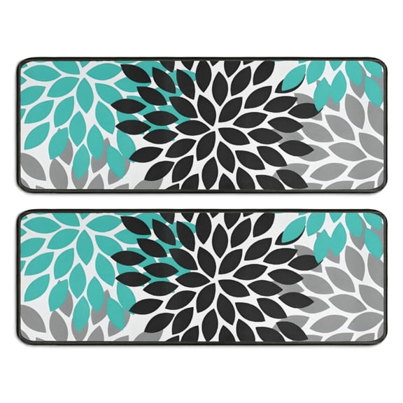 Kitchen Rugs Sets Of 2,Black Turquoise and Gray Floral Pattern Anti Fatigue Kitchen Mat Rugs Non Slip Washable,Decorative Kitchen Floor Mats for Kitchen,Sink,Laundry,17"x47" 17"x47"