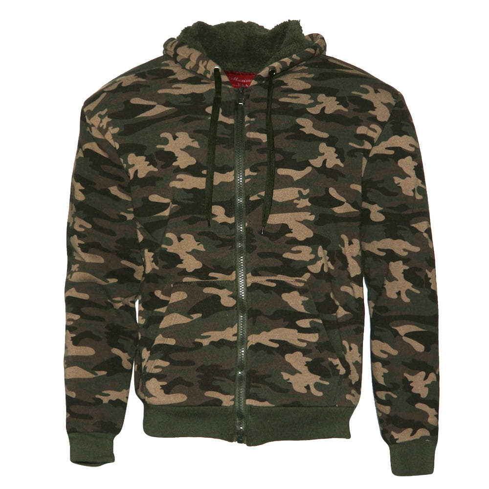 Maximos Mens Army Camo Zip Up Hoodie Sherpa Fleece Lining Sweater