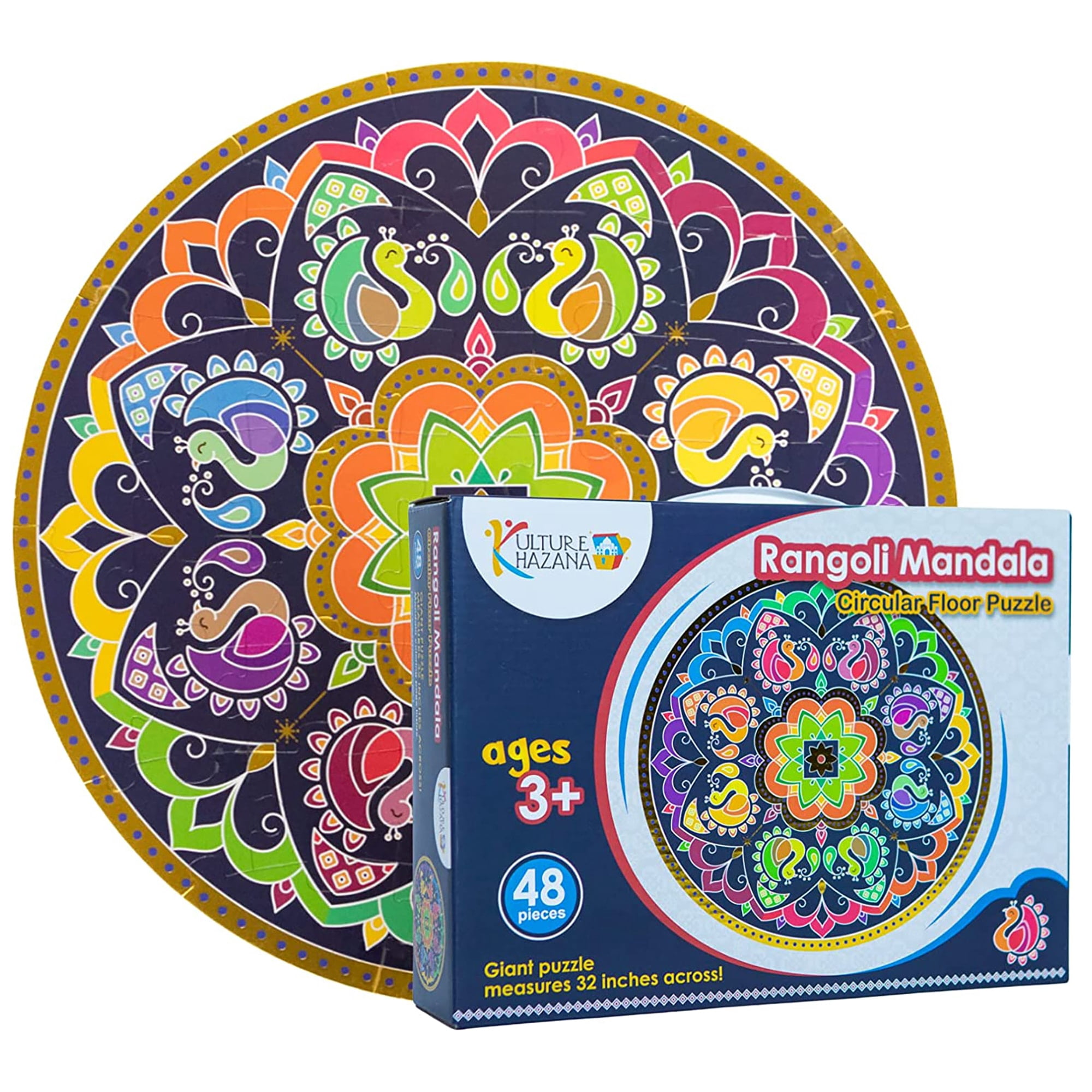 Rangoli Mandala 32" Round Floor Puzzle - 48 Pieces, Indian Art For Holi, Family & Kids