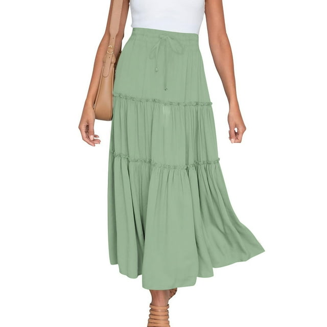 Fashion Women Solid Casual Ruched Ruffles Elastic Waist Skirt, Beach Style Solid Color Drawstring Waist Half Skirt, Comfortable and Stylish Ruffled Design, Lightweight Summer Wear