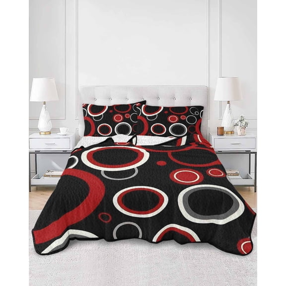 Quilts King Size, Red Black Soft Comforter Bedding Set for Bed, Abstract Modern Geometric White Grey Circle Lightweight Quilted Bedspread with Pillow Cover(2 Pieces) for All Season, 96x106 Inch