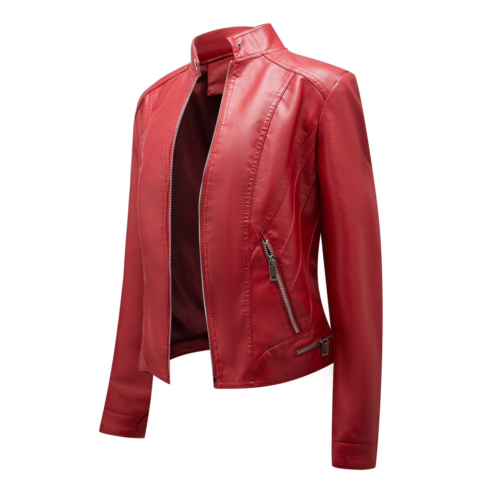 YOIAVAIOY Moto Jackets for Women Faux Leather Cropped Jacket Long Sleeve Zip Up Bomber Jacket Slim Biker Coat Wine L