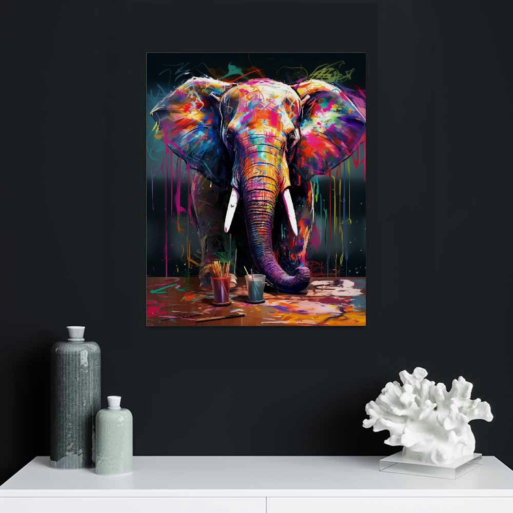 EastSmooth Elephant Wall Art Colorful Abstract Canvas Poster Wall Decor Graffiti Elephant Picture Painting Artwork for Home Kitchen Bathroom Bedroom Decoration Wooden Framed Ready to Hang