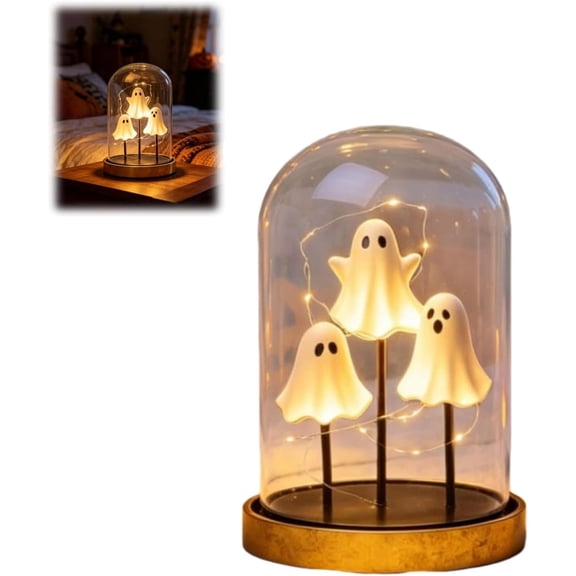Halloween Decorations Indoor, Light Up Glass Ghosts, 3 Mini Light Up Ghost in Glass Cloche, Ghost Night Light with Warm LED Lights, Cute Spooky Ghost Decor for Home Mantel Tabletop Party Decor