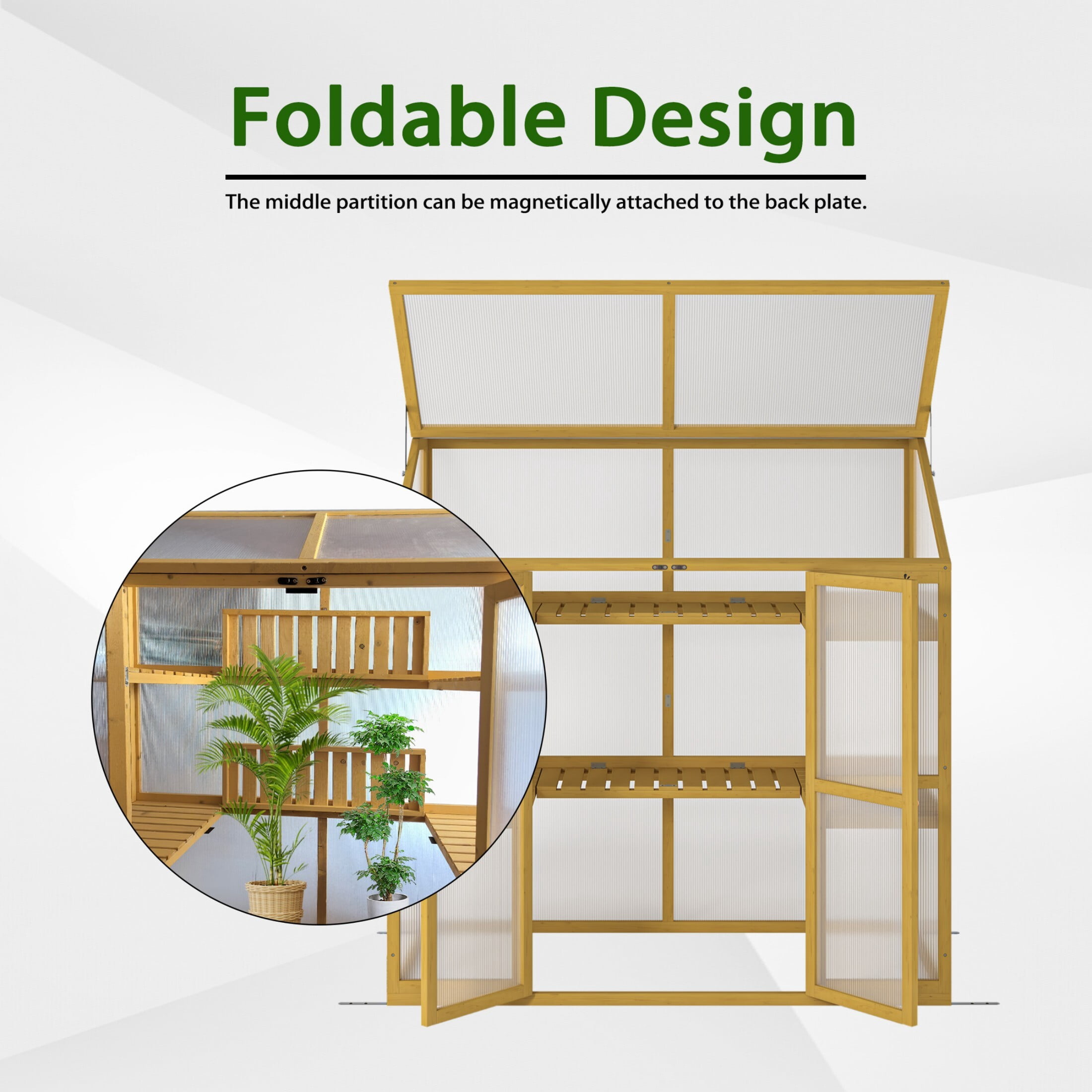 DEALTOPS Cold Frame Greenhouse for Plants, Wooden Greenhouse Cabinet Garden Shed with Polycarbonate Sheet and Foldable Top, Natural