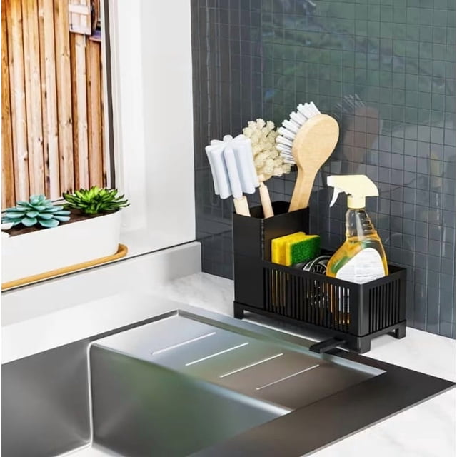 Organizador multifuncional for fregadero de cocina con estante for esponjas de alta calidad, estante de drenaje negro for jabón y esponjas