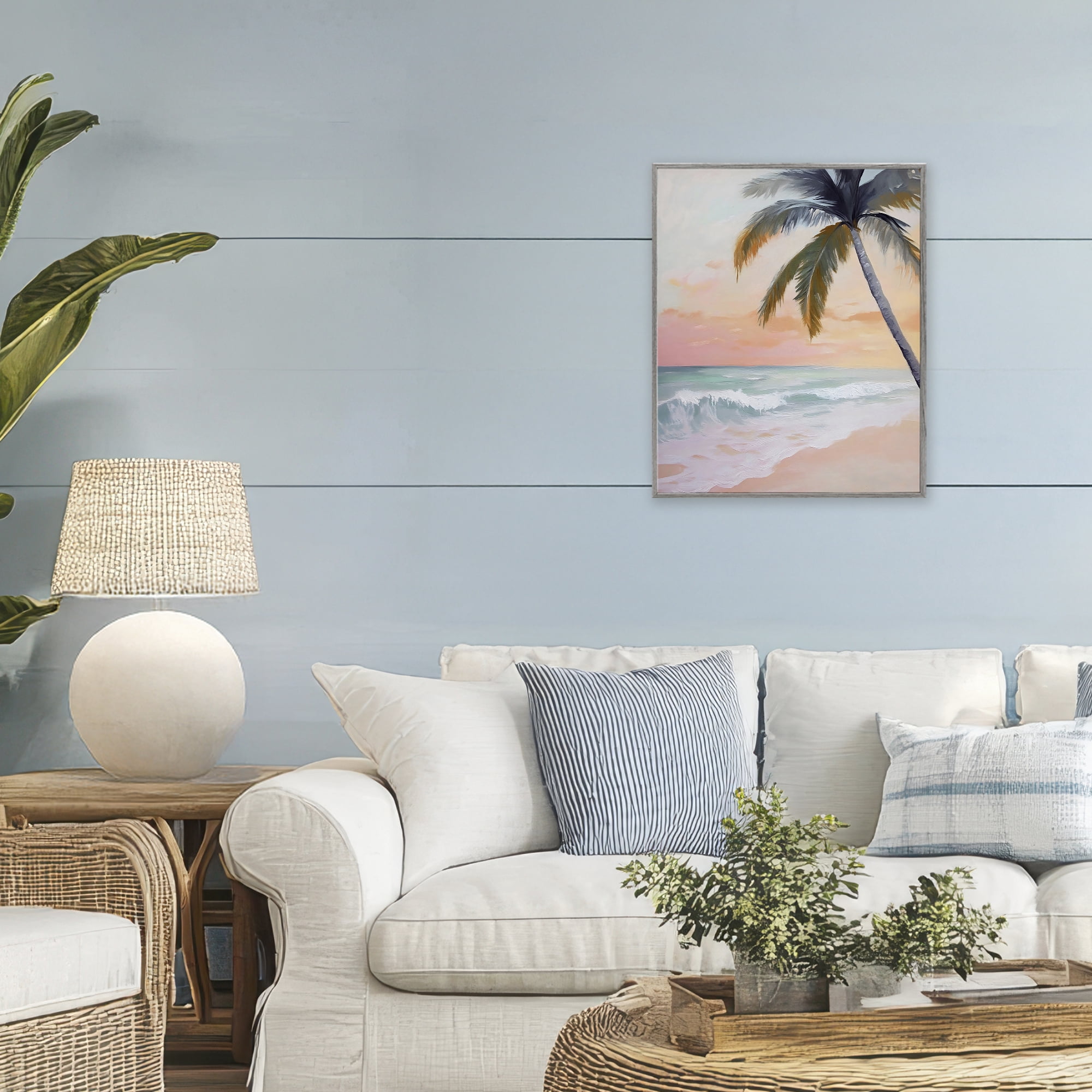 Stupell Industries Tranquil Sunset & Beach Palm Gray Framed Giclee Art, design by Creative Studio