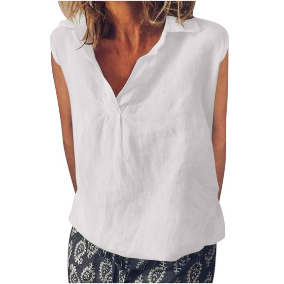 XFLWAM Linen Tank Tops for Women Lapel V Neck T-Shirts Sleeveless Collared Polo Shirt Solid Color Casual Trendy Tanks
