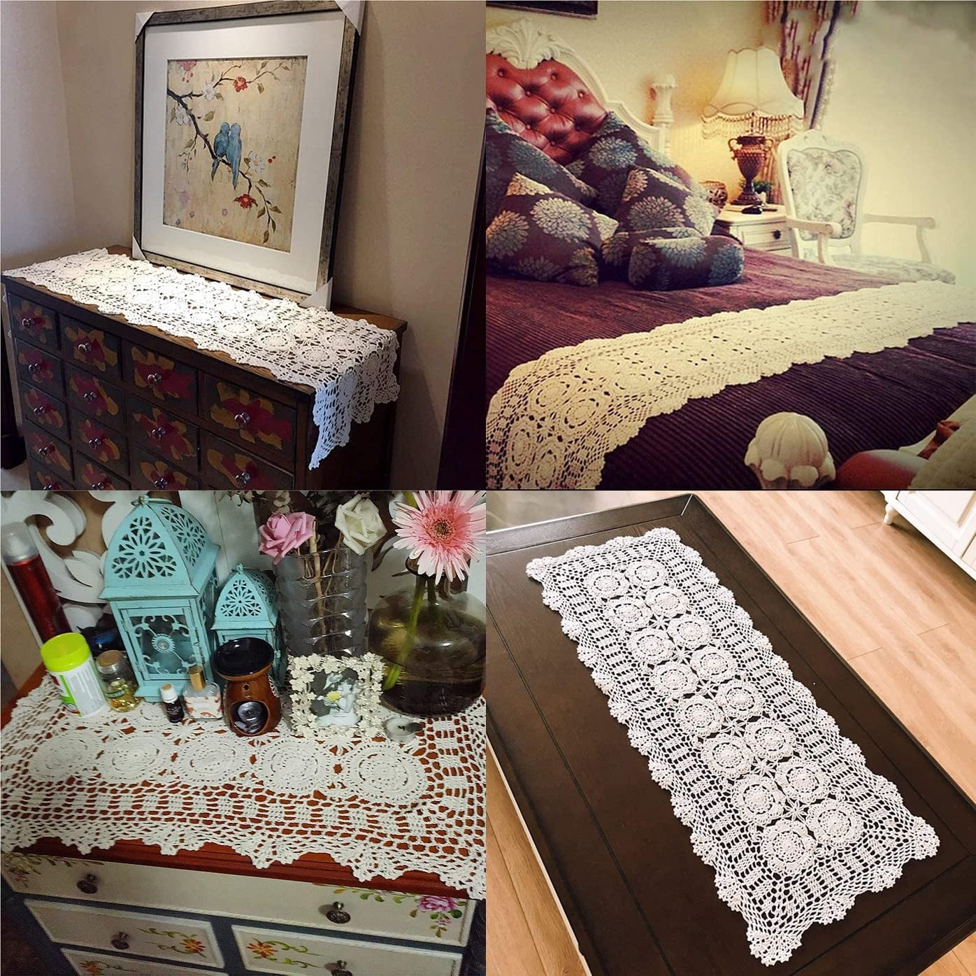 WCHUANG Rectangular Cotton Handmade Crochet Lace Table Runner Doilies Table Dresser Scarf Décor