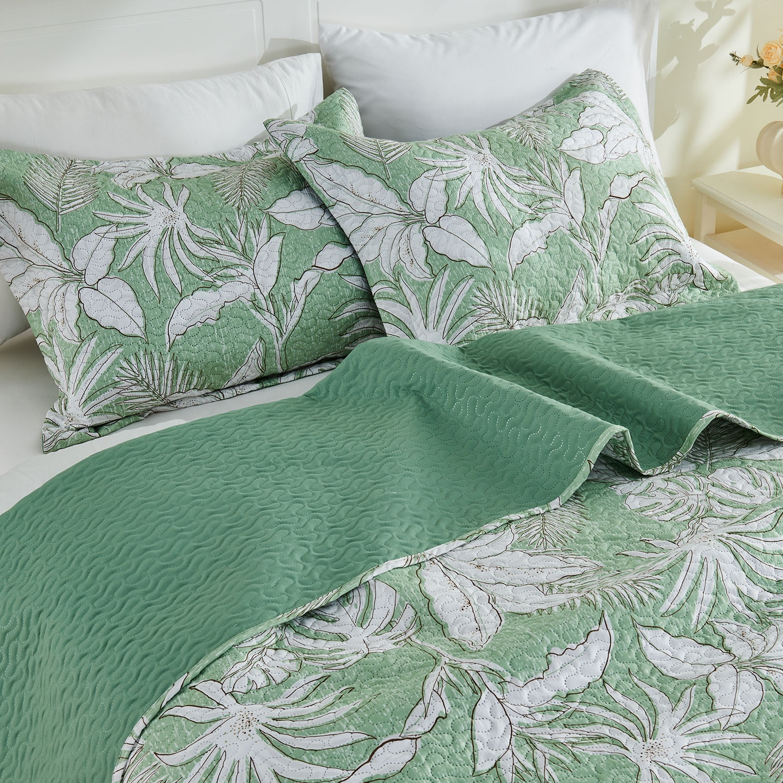 Gogreen Luxury Printed Quilt Set Queen Size, Lightweight Comforter Set, Oversized Bedspread Coverlet Quilted Bedding Set, with 2 Matching Pillowcases, for All Season