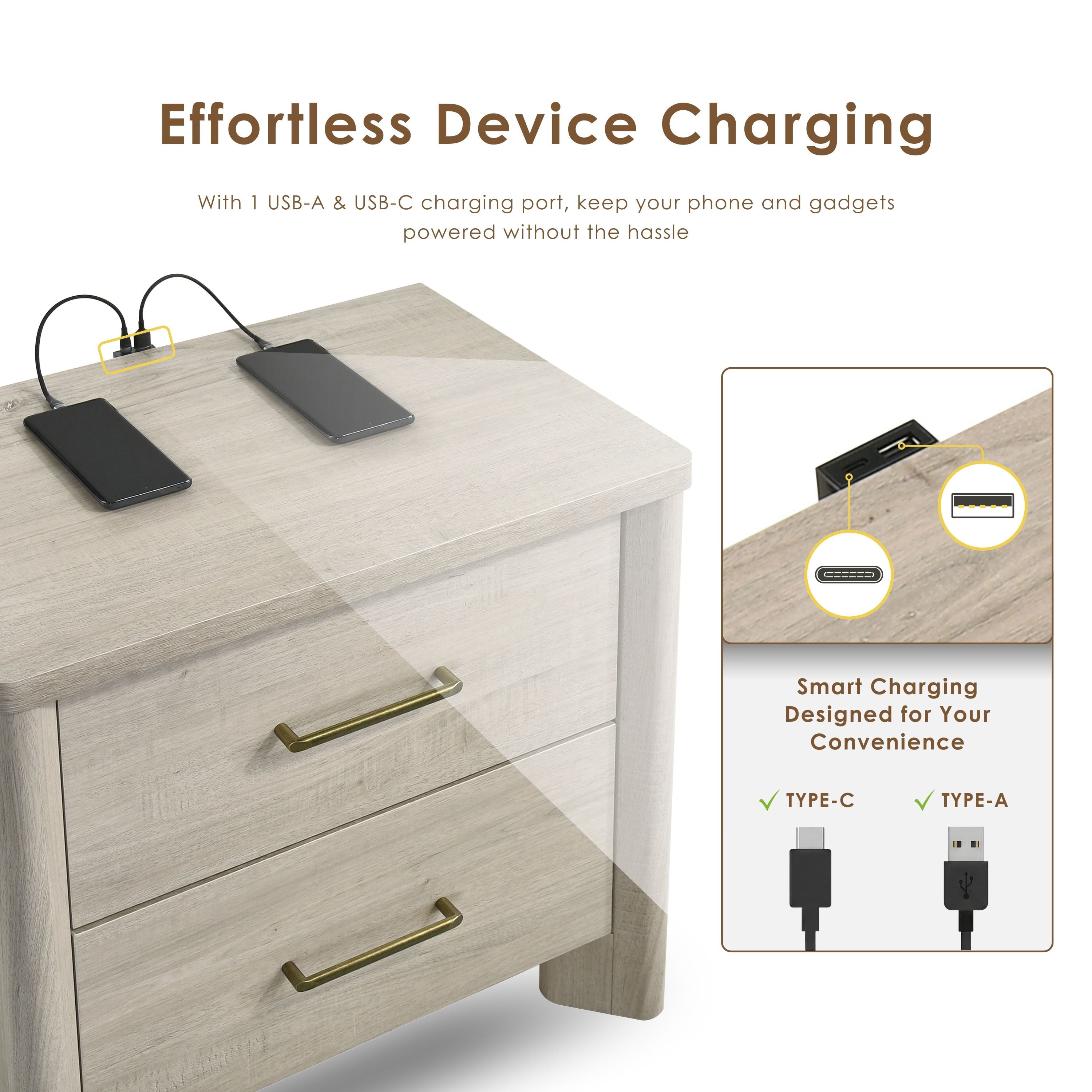 Furniture of America Gracie Modern Wood 2-Drawer Kids Nightstand with USB Ports, Cool Beige