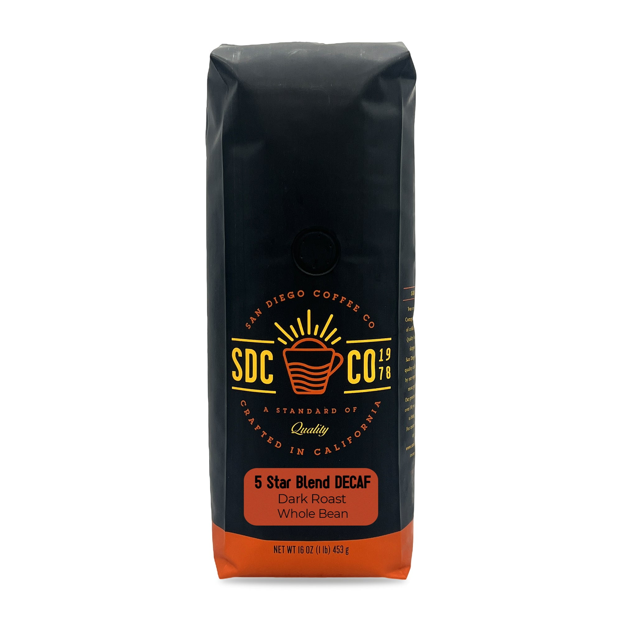 San Diego Coffee 5 Star Blend DECAF, Dark Roast, Whole Bean Coffee, 16-Ounce Bag