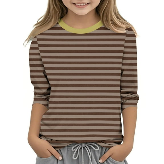Efsteb Kids Girls 3/4 Sleeve Tops Casual Summer Round Neck Three-quarter Sleeve Tops Comfy Loose Cute Striped Print Tee Shirt(Brown,3 Years )