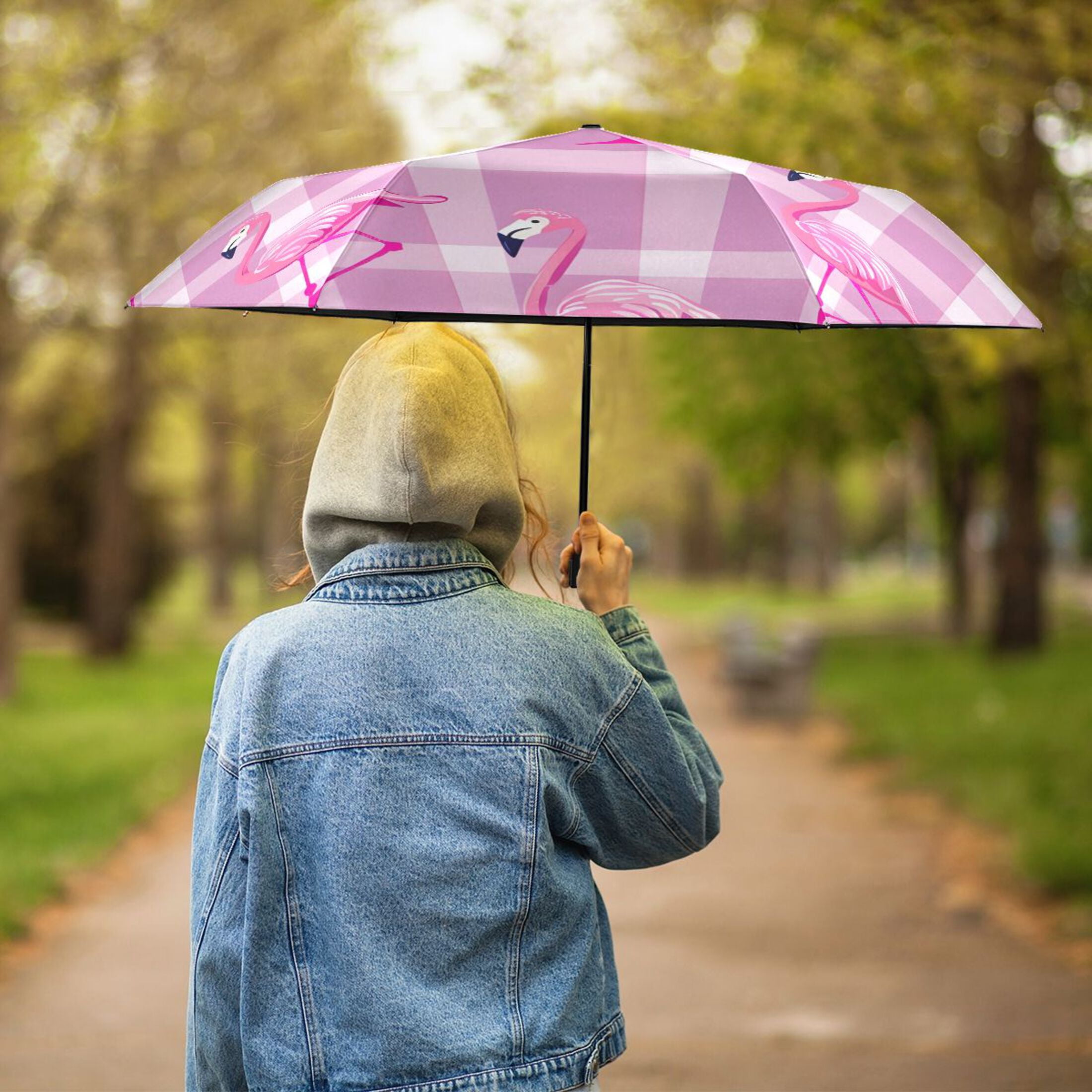 Standing Flamingos All Weather Umbrella Triple Folding Parasol 6 Ribs UV Protection Portable
