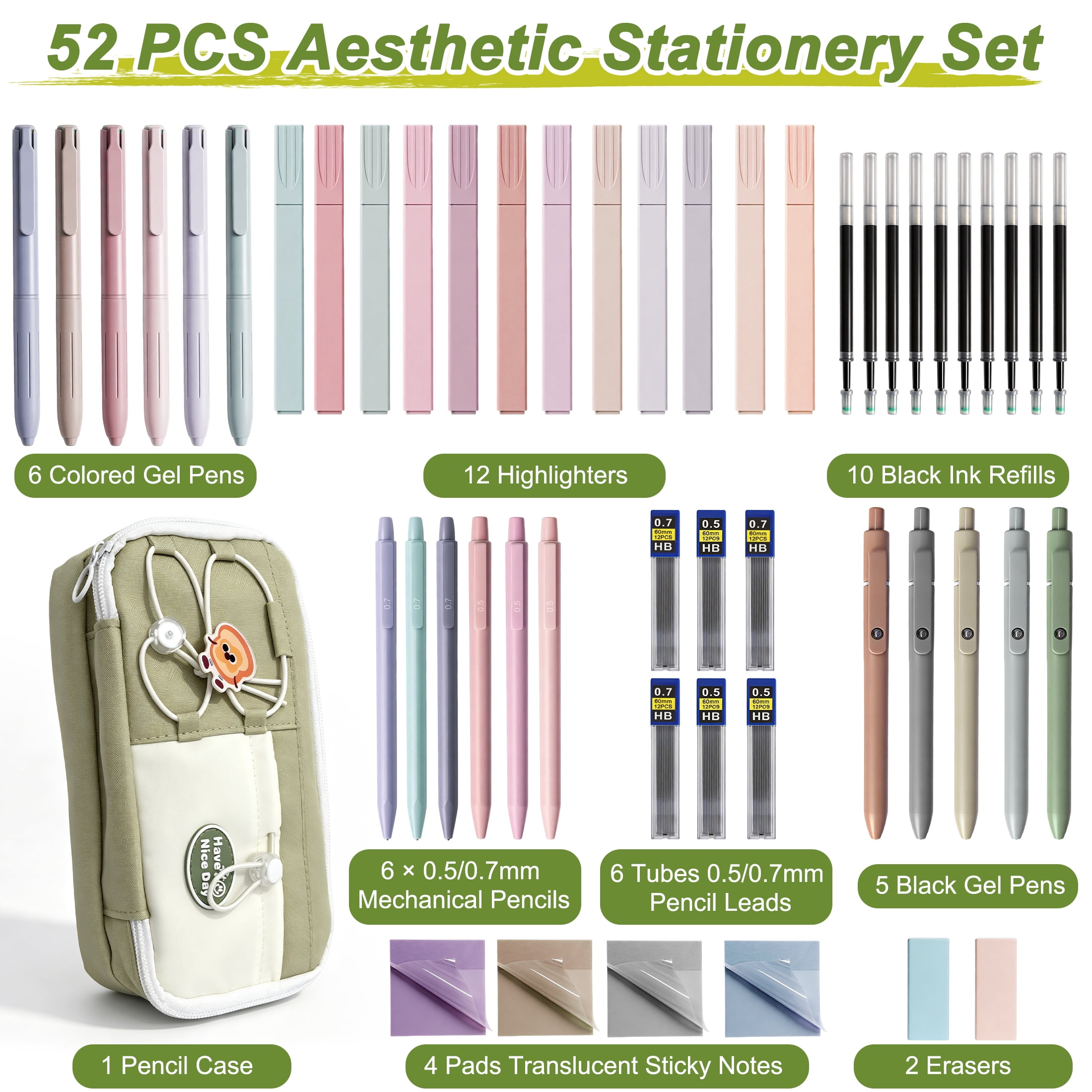 GARITIN 52 Pcs Aesthetic Stationery Set, Morandi Pastel School Supplies Kit with Pencil Case, Gel Pens, Pastel Highlighters, Mechanical Pencils, Sticky Notes for Teen Girls School Journal Gift