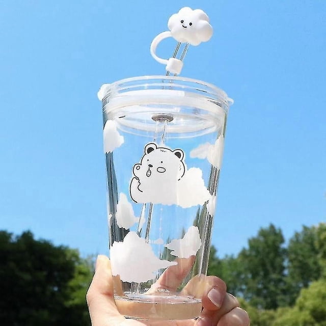 Botella de agua de vidrio de 480 ml con pajita (juego de 2) - HUOGUO