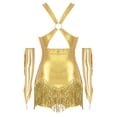 thumbnail image 2 of Kaerm Women 2Pcs Glittery Latin Dance Outfit Cross Front Tassel Leotard with Metallic Gloves Gold S, 2 of 7